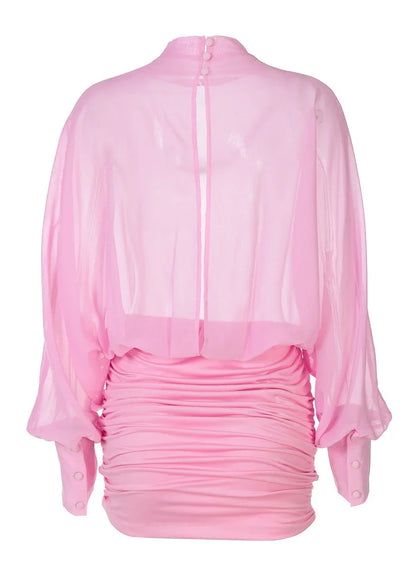 Robe de soirée femme rose manches longues en satin, avec une taille cintrée et un design élégant pour une allure…