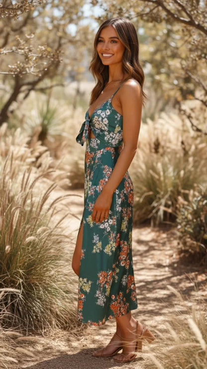 Robe d'été verte à fleurs, en coton léger, avec manches courtes et taille cintrée pour un confort estival.