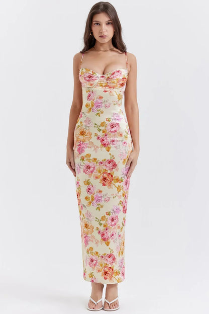 Abito Lungo Donna a Fiori Scollo Cuore Bretelle Slim - Vesarelli