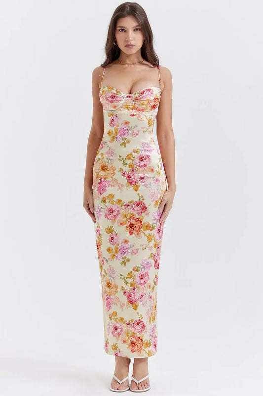 Abito Lungo Donna a Fiori Scollo Cuore Bretelle Slim - Vesarelli