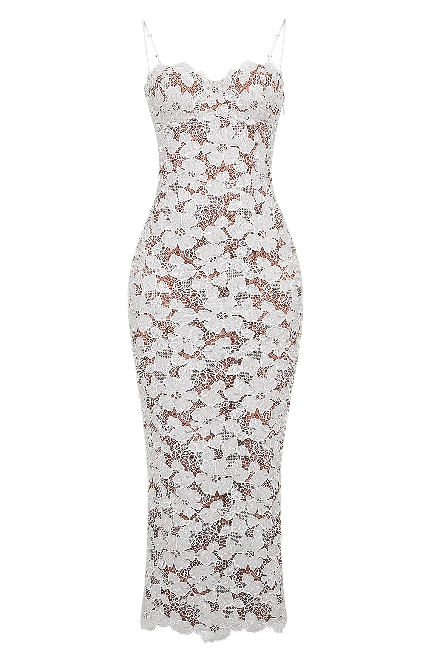 Robe longue blanche en dentelle florale avec bretelles spaghetti et corset, parfaite pour les occasions spéciales.
