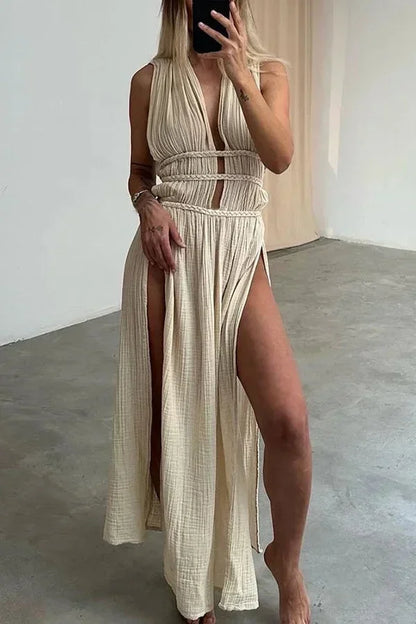 Abito Lungo Donna Scollo a V Taglio con Spacco Elegante - Vesarelli