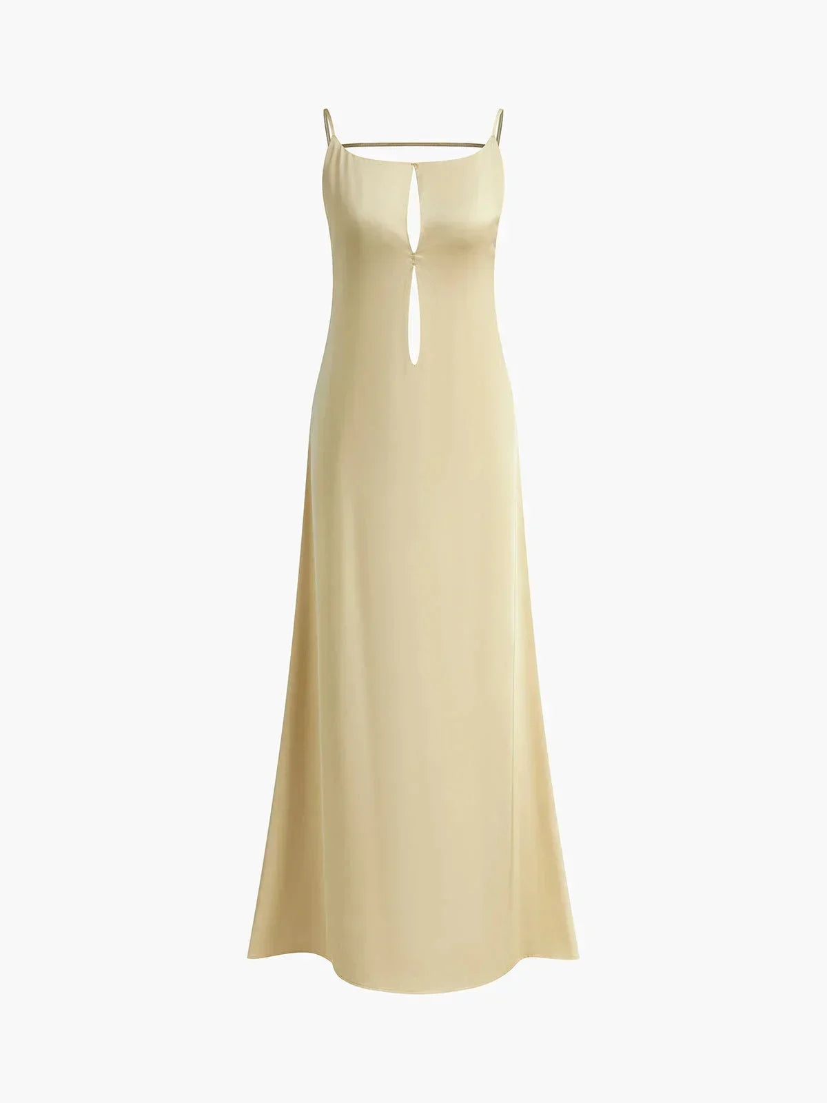 Robe longue jaune à dos nu, fines bretelles, en tissu léger parfait pour les journées d'été.