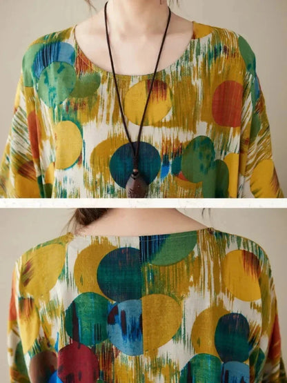 Robe longue femme ample avec imprimé artistique, en tissu léger, manches mi-longues et coupe fluide pour un style…