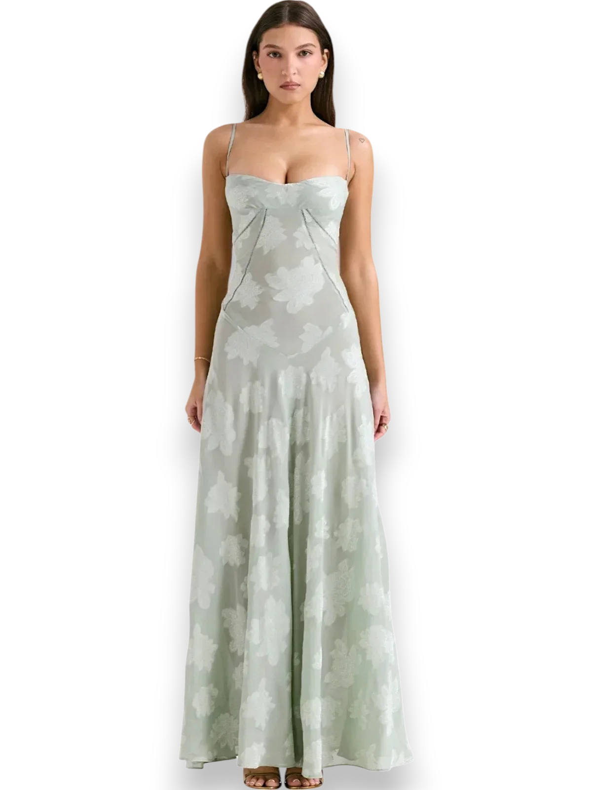 Robe longue femme en coton, ornée de broderies florales colorées et dotée de bretelles fines pour un style délicat.