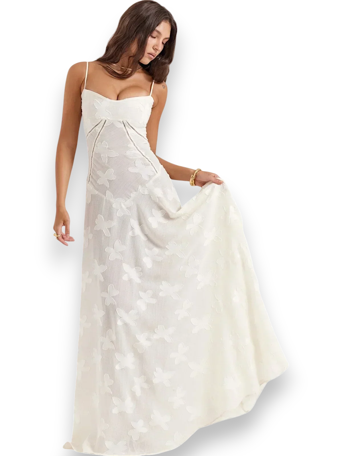Robe longue en tissu léger, broderie florale délicate, bretelles fines et coupe fluide, idéale pour les occasions estivales.