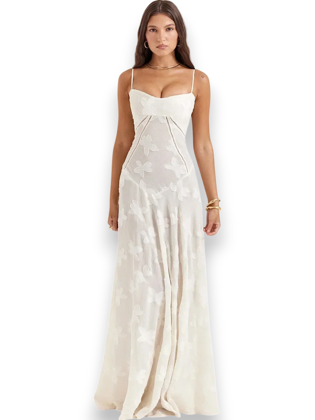 Robe longue blanche avec broderie florale délicate et bretelles fines, en coton léger pour un confort optimal.