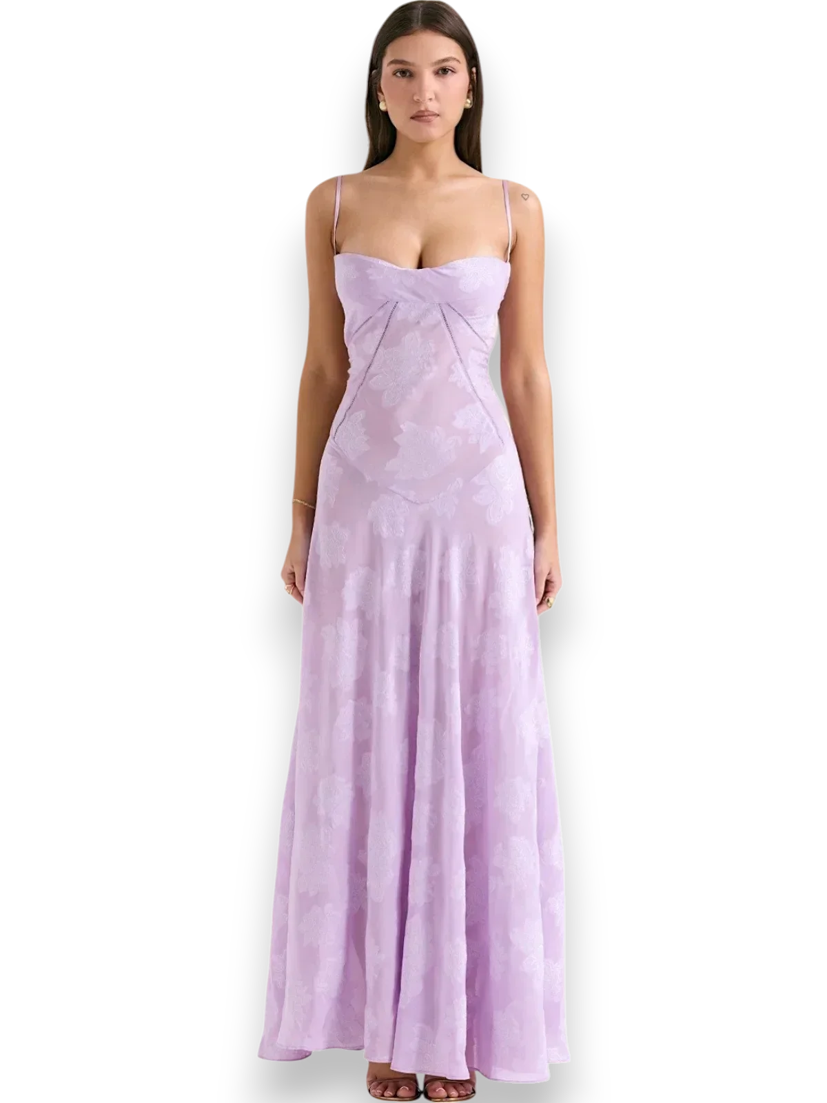 Robe longue violette en coton, broderie florale délicate, bretelles fines et coupe fluide idéale pour l'été.
