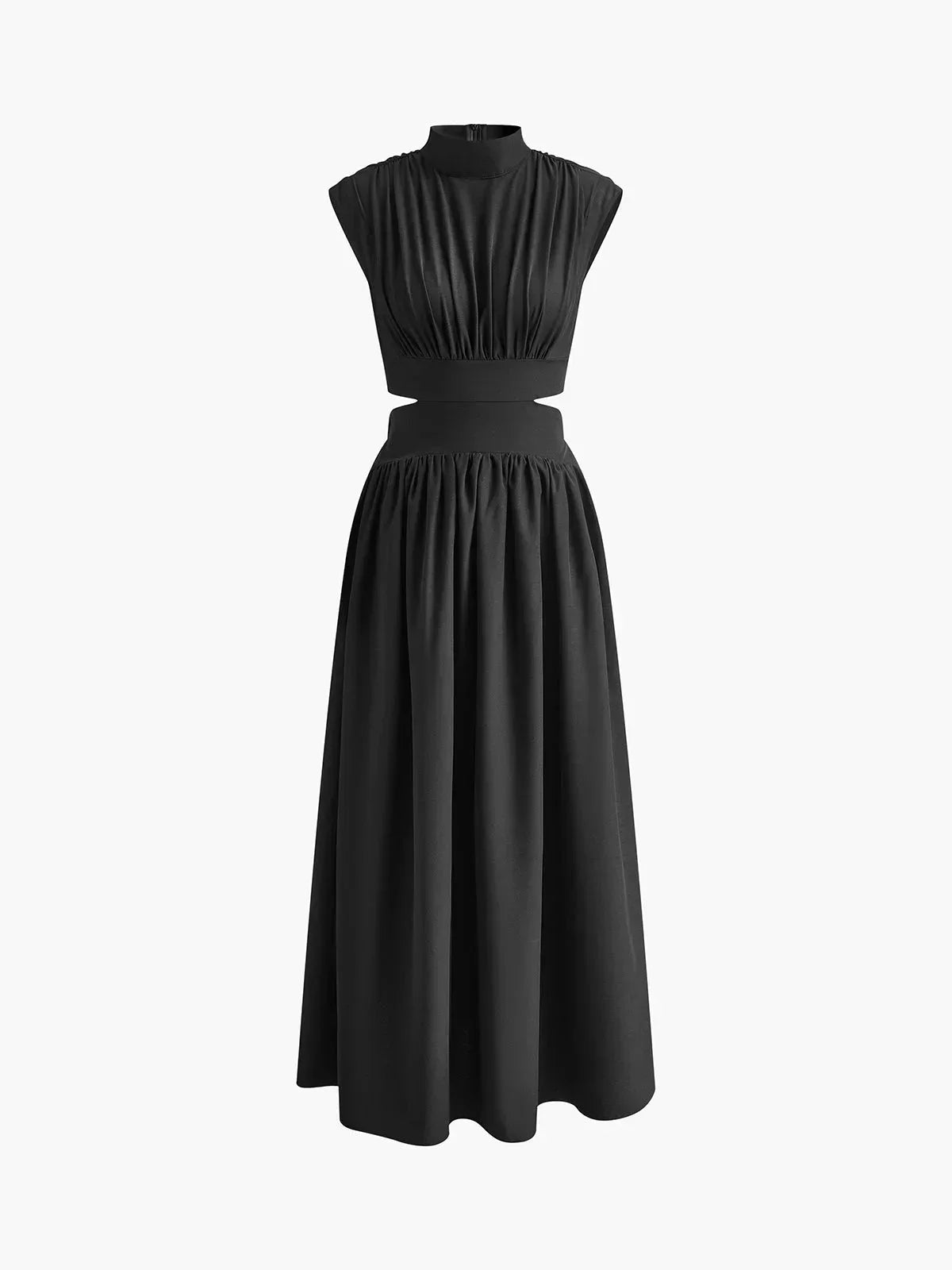 Robe longue femme en tissu léger, avec découpes élégantes et col montant, idéale pour les occasions spéciales.