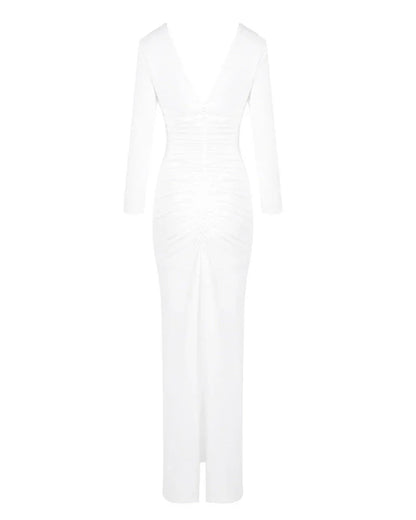 Robe longue blanche pour femme, en tissu léger, manches longues, coupe élégante, parfaite pour les occasions formelles.
