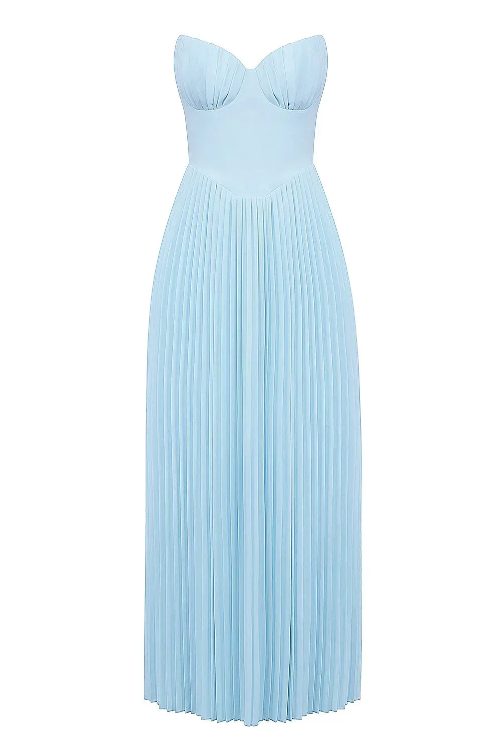 Robe longue bleu clair pour femme, bustier plissé, en tissu léger, idéale pour les journées d'été.