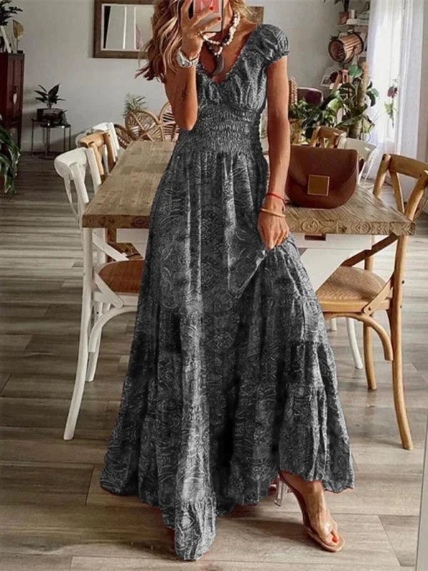 Abito Lungo Donna Stile Bohemien Volant Scollo a V - Vesarelli