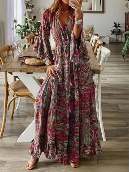 Abito Lungo Donna Stampa Estiva Manica Svasata Bohemien - Vesarelli