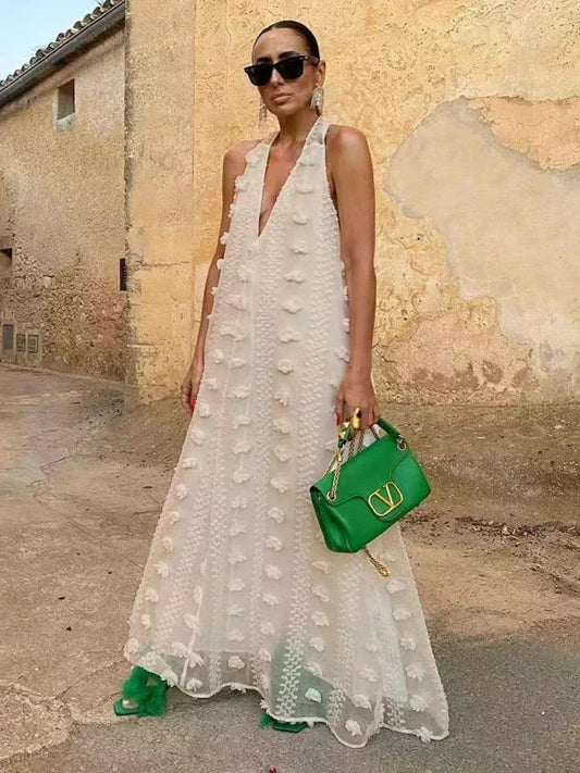 Abito Lungo Donna Collo Halter Dettagli Floreali Leggeri - Vesarelli