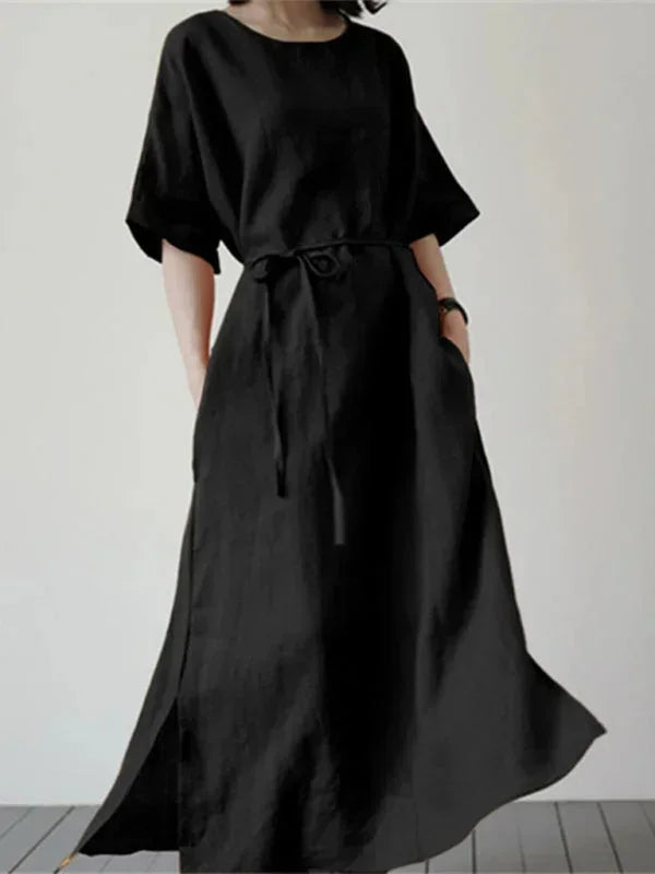 Robe longue femme noir, col rond, ceinture ajustable, tissu léger et fluide, idéale pour les occasions décontractées ou…
