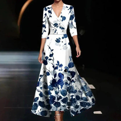 Robe longue femme en polyester, col V avec imprimé floral, ceinture pour un ajustement flatteur et style élégant.