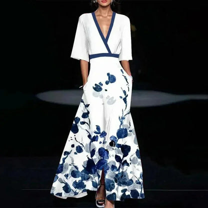 Robe longue blanche pour femme, col V, imprimée de fleurs, dotée d'une ceinture pour un ajustement flatteur et confortable.