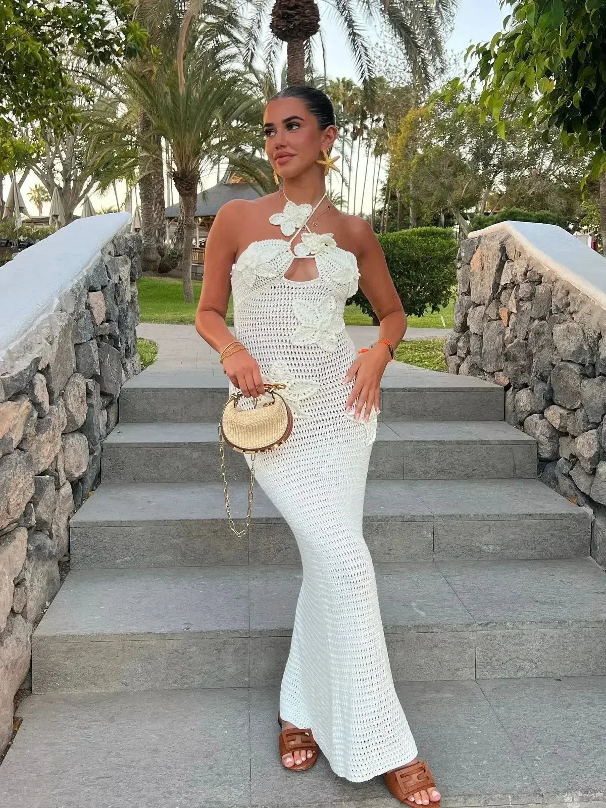 Abito Lungo Donna in Crochet Motivi Floreali - Vesarelli