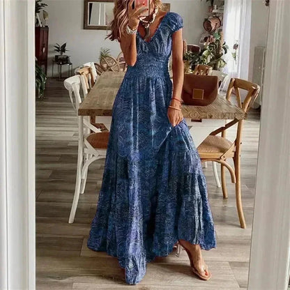 Robe longue bleue pour femme, décontractée, à manches courtes, avec volants et en tissu léger, idéale pour les journées…