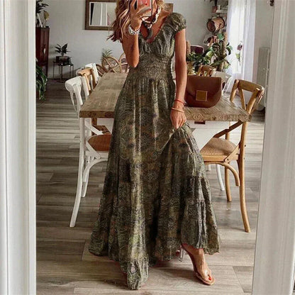 Robe longue marron en coton, manches courtes, avec volants et coupe décontractée, idéale pour les journées estivales.
