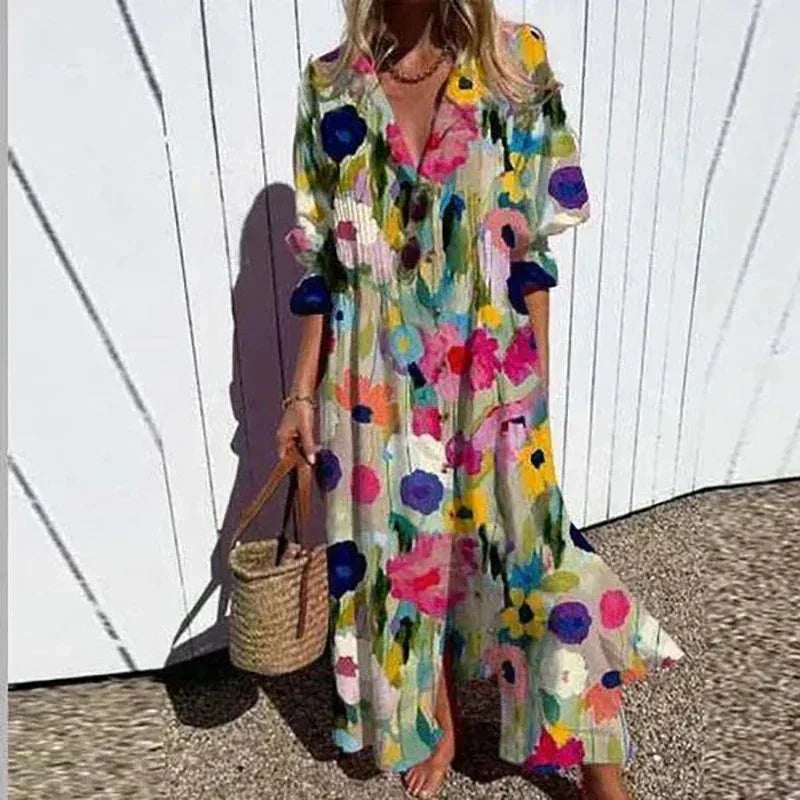Abito Lungo Donna Stampa Floreale Scollo a V Manica Media - Vesarelli