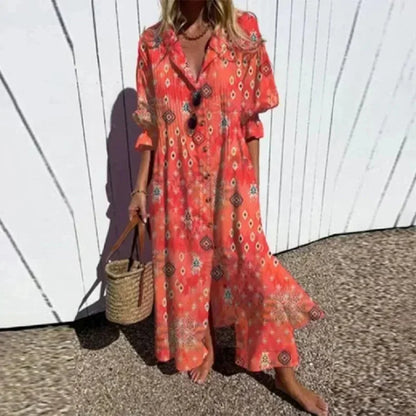 Robe longue rouge femme, imprimé floral, col V, manches mi-longues, en coton léger pour un confort optimal.