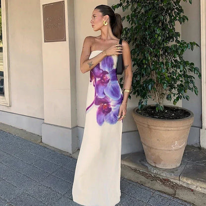 Abito Lungo Donna Stampa Floreale Senza Spalline - Vesarelli