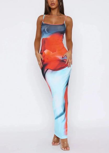 Robe longue à bretelles pour femme, en tissu léger, à imprimé artistique de fleurs bleu clair. Idéale pour les journées…