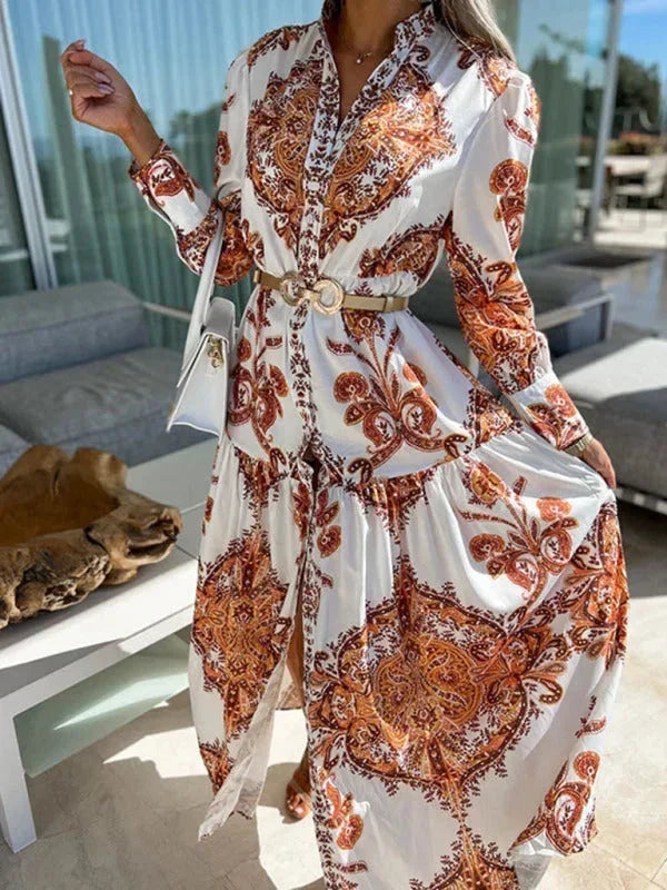 Robe longue femme à imprimé floral, fente haute, col V, en coton léger pour un style élégant et confortable.