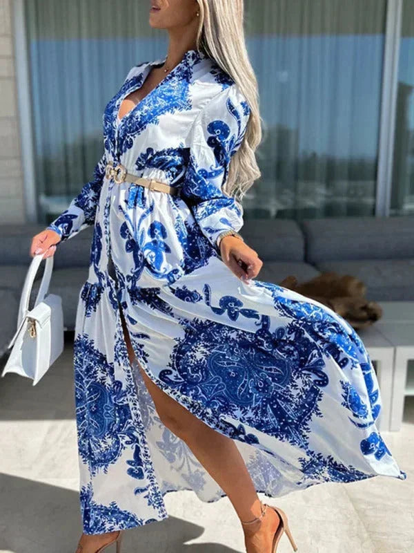 Robe longue femme à imprimé floral, fente haute et col V, en coton léger, parfaite pour une tenue estivale.