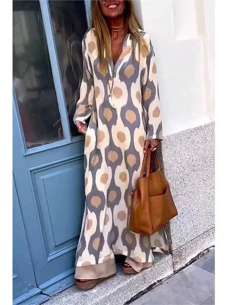 Abito Lungo Donna Manica Lunga Scollo a V Fluido - Vesarelli