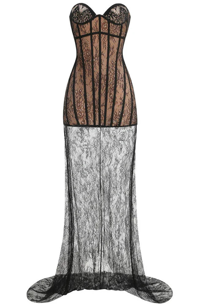 Robe longue noire pour femme, bustier en dentelle, avec une coupe élégante et un tissu léger pour un look chic.
