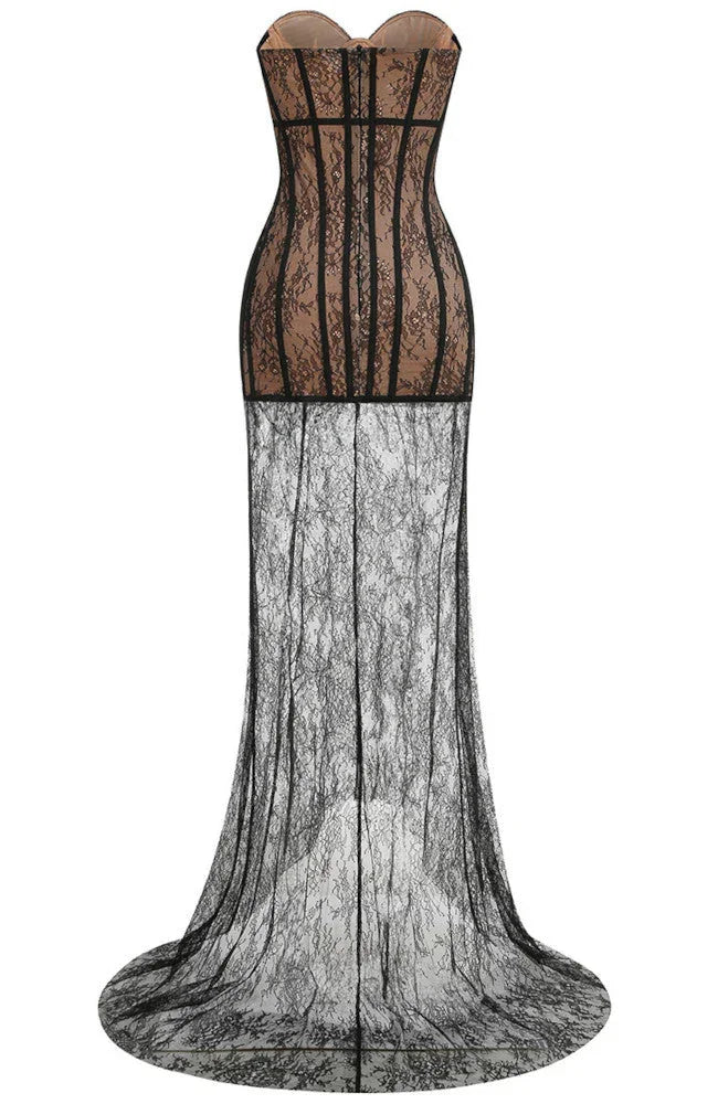 Robe longue noire pour femme, bustier en dentelle, avec une jupe fluide et élégante, idéale pour des occasions spéciales.