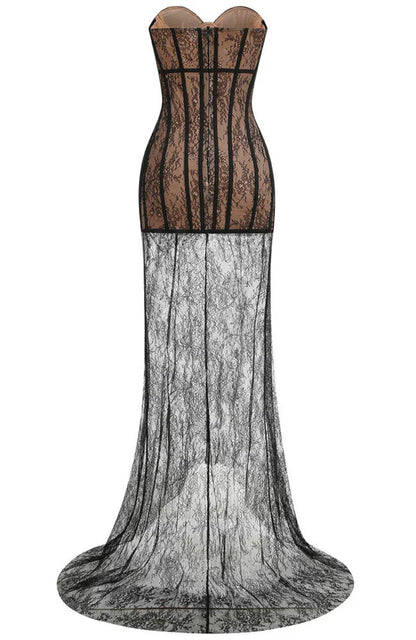 Robe longue noire pour femme, bustier en dentelle, avec une jupe fluide et élégante, idéale pour des occasions spéciales.