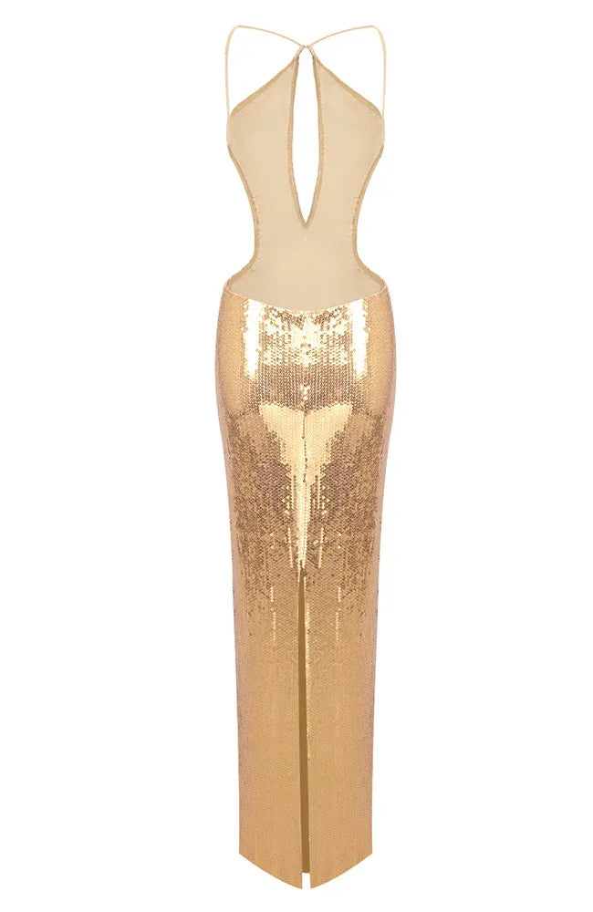 Robe longue femme noire en sequins, à manches longues, avec un décolleté profond et une coupe fluide, idéale pour les…