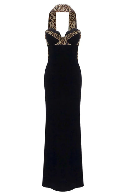 Robe longue noire à motif léopard, sans manches, en tissu léger et fluide, idéale pour les journées d'été décontractées.