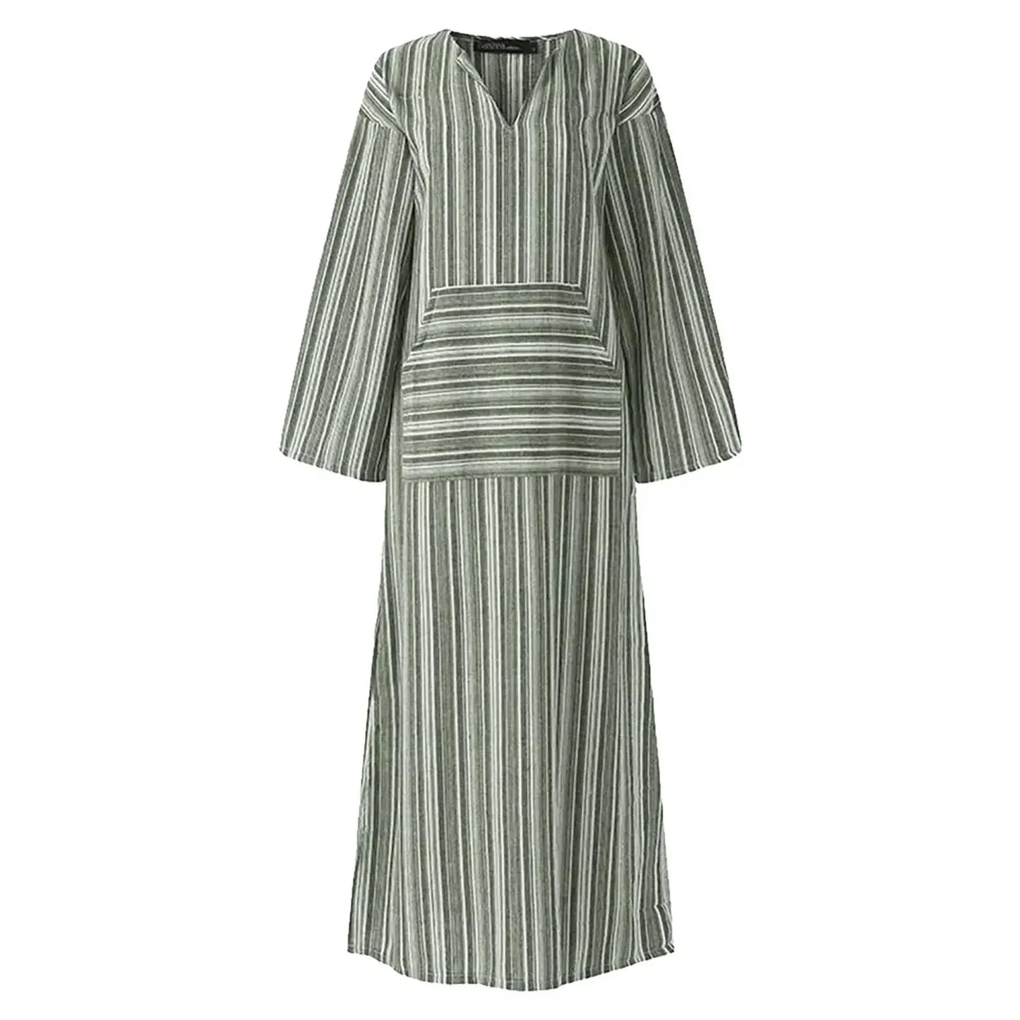Robe longue femme rayée en coton, col en V, avec poches pratiques sur les côtés, idéale pour un look décontracté.
