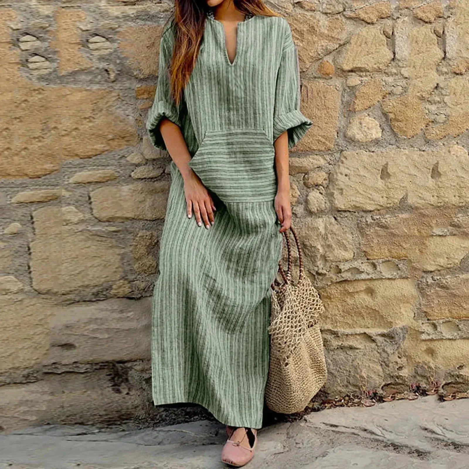 Abito Lungo Donna a Righe Scollo a V con Tasche - Vesarelli