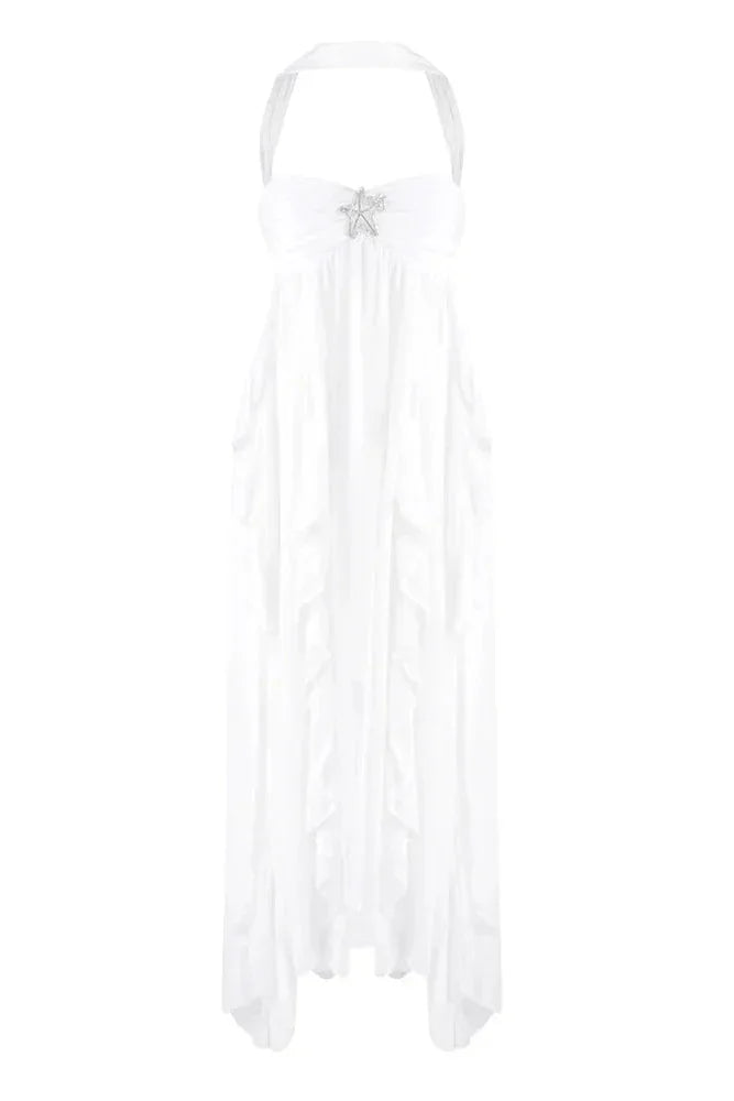 Robe longue femme rose volantée en chiffon léger, dotée de manches évasées et d'une coupe fluide pour un confort optimal.
