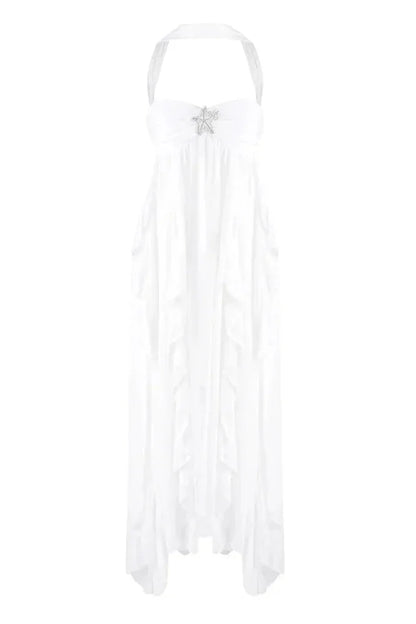 Robe longue femme rose volantée en chiffon léger, dotée de manches évasées et d'une coupe fluide pour un confort optimal.