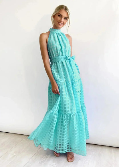Robe longue sans manches cyan, motif chic, ceinture amovible, confection en tissu léger et fluide для un confort optimal.
