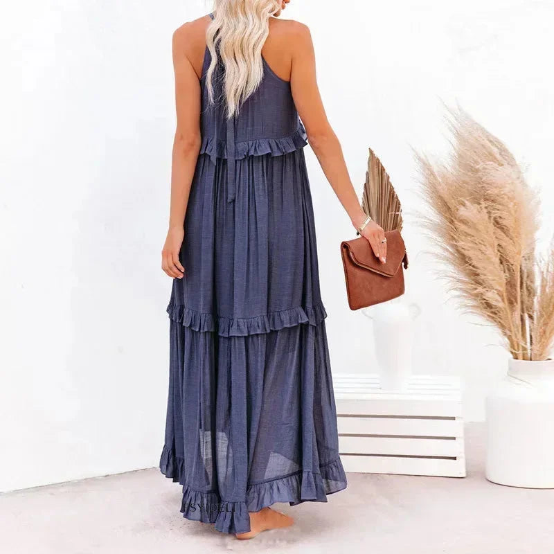 Robe longue femme sans manches avec volants superposés, en tissu léger, parfaite pour l'été et les occasions décontractées.