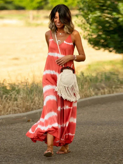 Robe longue femme en coton tie-dye, sans manches, avec un col en V et une coupe fluide, idéale pour les journées d'été.