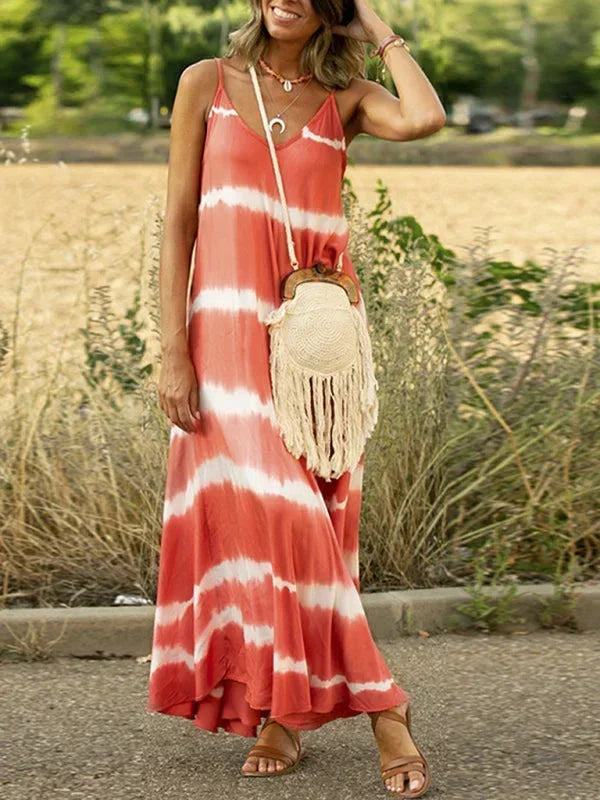 Robe longue femme tie-dye sans manches, en tissu léger, avec un col en V et un design coloré et décontracté.