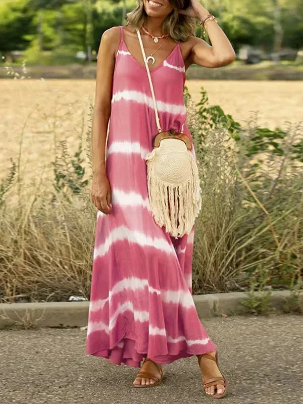 Abito Lungo Donna in Tessuto Tie-Dye Smanicato Scollo a V - Vesarelli