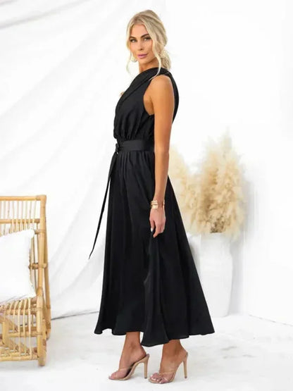 Robe longue femme une épaule en chiffon, avec ceinture ajustable et coupe fluide, parfaite pour les occasions spéciales.