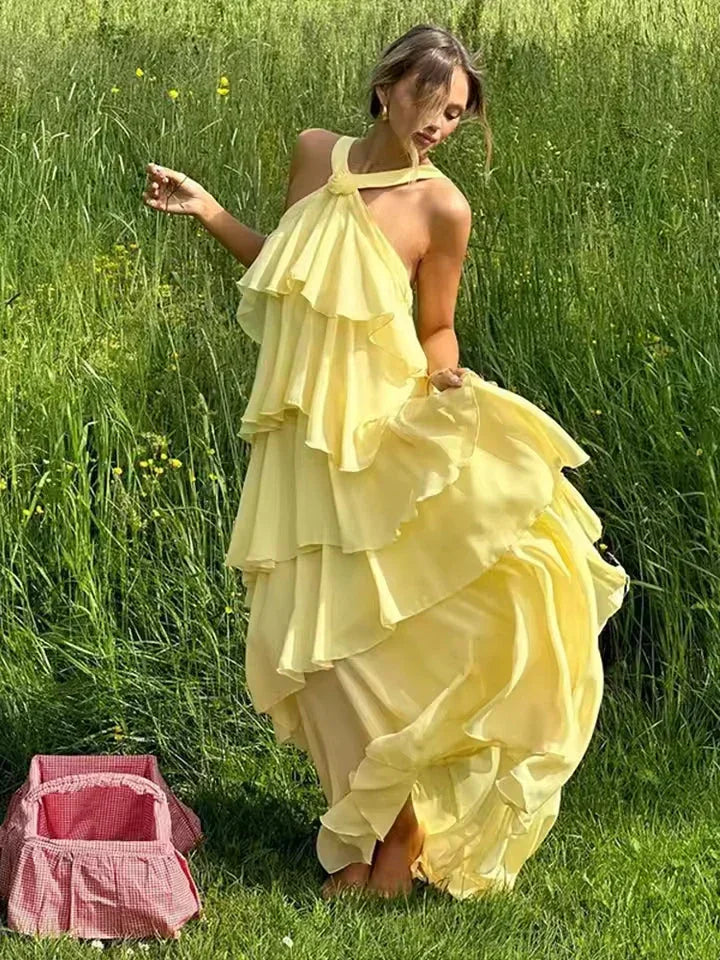 Robe longue femme à volants nouée en coton léger, avec un décolleté en V et des manches élastiques pour un confort élégant.