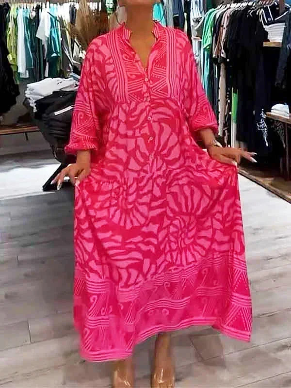 Robe longue fluide en polyester, imprimée, manches longues, col en V, idéale pour une allure décontractée et élégante.