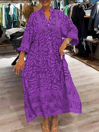 Robe longue fluide femme en violet, imprimée, avec manches longues et col en V, idéale pour les occasions décontractées.