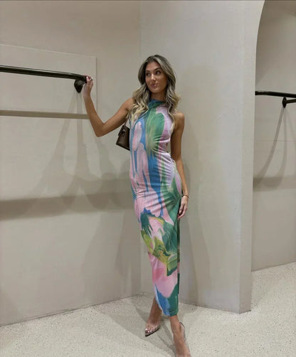 Abito Lungo Donna Stampa Tropicale Vestibilità Slim - Vesarelli